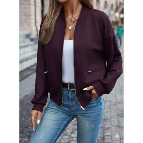 Kadın Uzun Kollu önden Fermuarlı Cepli Modal Mürdüm Ceket