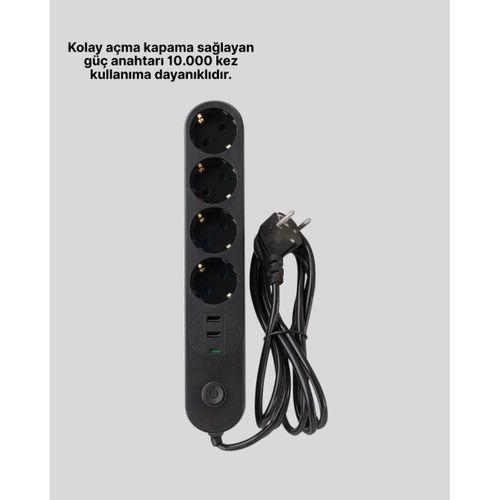 4 Priz 2 Usb 1 Type-c Akım Korumalı Çoklu Priz Led Anahtarlı