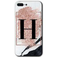 iPhone 7 Plus Kılıf HD Desen Baskılı Arka Kapak - Pembe Mermer Desenli H Harfi
