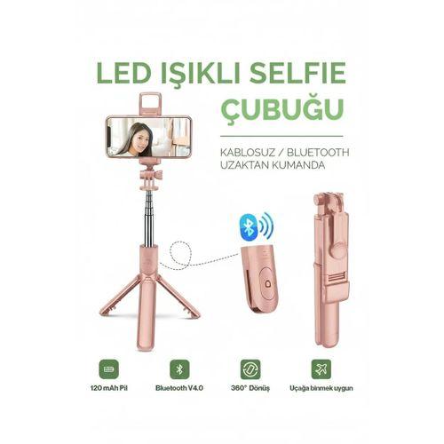 Led Işıklı Selfie Çubuğu Bluetooth Kumandalı Kablosuz Tripot Selfie Monopod Selfie Stick  pembe