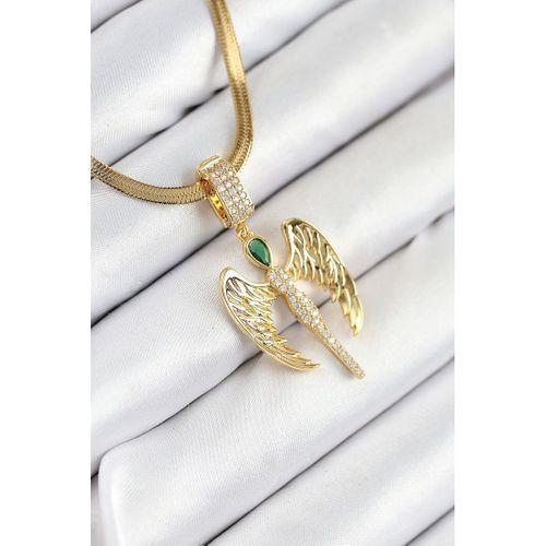 316L Çelik Zirkon Taşlı Melek Model Gold Renk Kadın Kolye