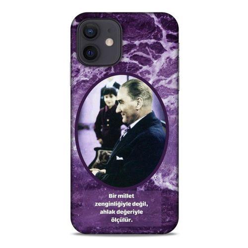 Apple iPhone 12 Kılıf Atatürk (10) Full Koruma Kılıfı Mor