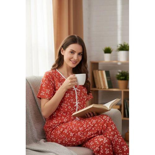 Kadın Turuncu Kalp Desenli Fiyonk Detaylı Kısa Kollu Uzun Pijama Takımı Premium Ev Giyim