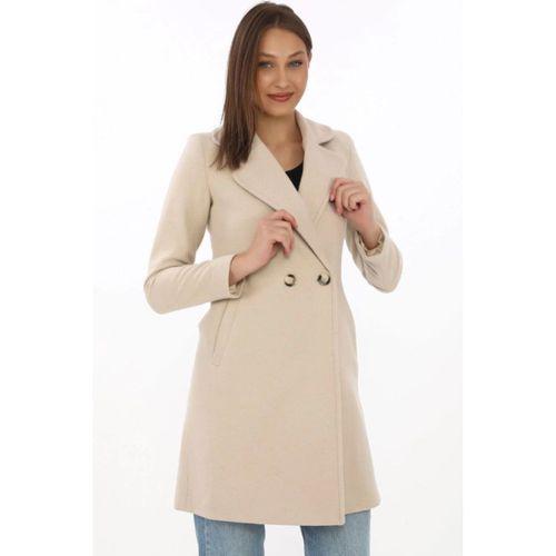 Kaşe Kaban – Siyah Yünlü Dokuma, Kruvaze Yaka, Astarlı, Cepli, Kuşaklı Uzun Boy Tesettür Uyumlu Kışlık Şık Kaban - Bej