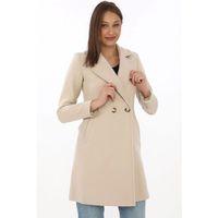 Kaşe Kaban – Siyah Yünlü Dokuma, Kruvaze Yaka, Astarlı, Cepli, Kuşaklı Uzun Boy Tesettür Uyumlu Kışlık Şık Kaban - Bej