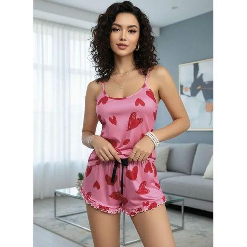 Kadın Pembe Kalp Baskılı Şortlu Gecelik Pijama Takımı Sevimli Rahat 2’li Set