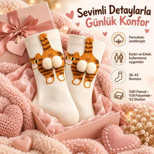 Kadın Soket Çorap Seti - Kedi Desenli 3d Ponponlu, 4'lü Paket