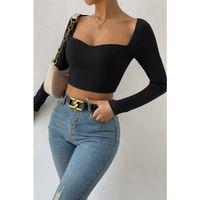 Kadın Siyah Uzun Kol Göğüs Dekolteli Şık Crop Top Bluz