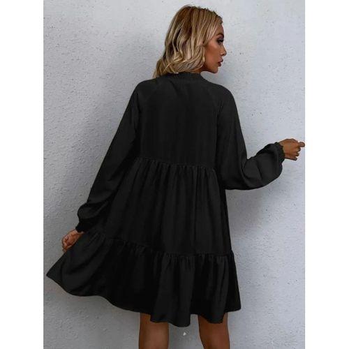 Kadın Uzun Kollu Yakadan Bağcıklı Fırfırlı Keten Mini Elbise