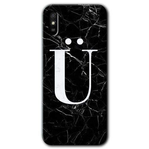 MRCİLETİSİM Xiaomi Redmi 9A Kılıf Kapak - Siyah Mermer Desenli Ü Harfi +Hayalet Ekran Yandan Gözükmez