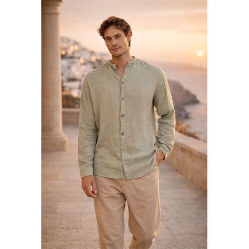 Hafif ve Nefes Alabilir Erkek Müslin Yarım Pat Hakim Yaka Oversize Gömlek - Açık Haki