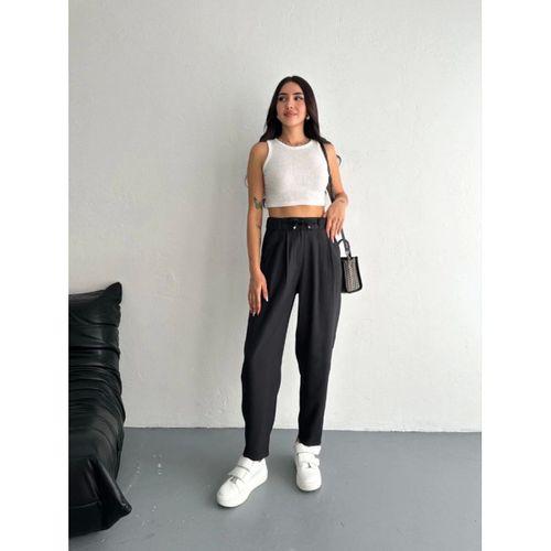 Yüksel Bel Rahat Paça Pantalon - Siyah