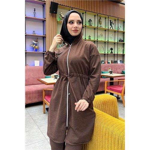 Kapşonlu Fermuarlı Belden Bağlamalı Sade Basic İkili Spor Takımı - 03070.028 - Kahverengi