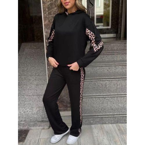 Pilelistore Kadın Kapüşonlu Leopar Detay Sweat Ve Yüksek Bel Yanları Leopar şeritli Bol Paça Pantolon Ikili Takım