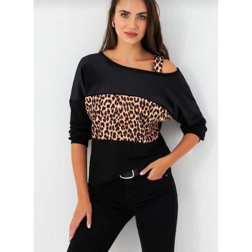 Kadın Kadife Kumaş Leopar Desenli Omuz Detay Uzun Kollu Bluz