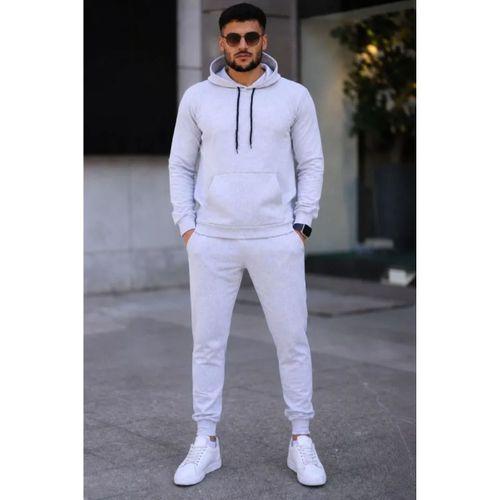 Erkek İki İplik Kapüşonlu Kanguru Cepli Sweatshirt Jogger Pantolon Alt Üst Eşofman Takımı -Beyaz