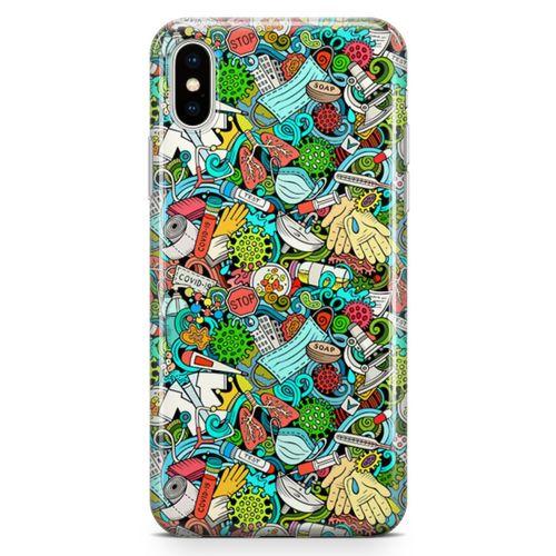 Apple iPhone XS Max Kılıf Covid-19 Doodle Arka Kapak Koruma Desenli Full Koruyucu