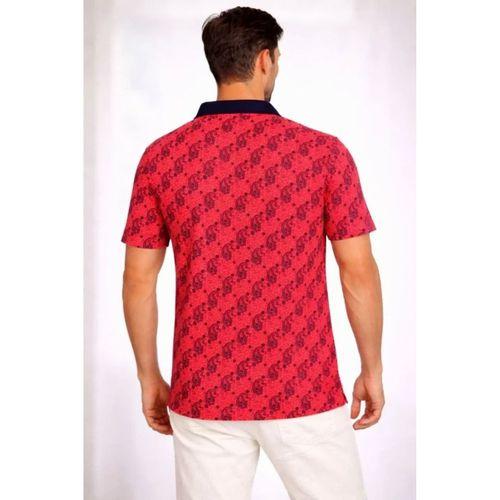 Erkek Pike Kumaş Polo Yaka Palmiye Desenli Tişört Kısa Kol Yazlık T-Shirt - Kırmızı