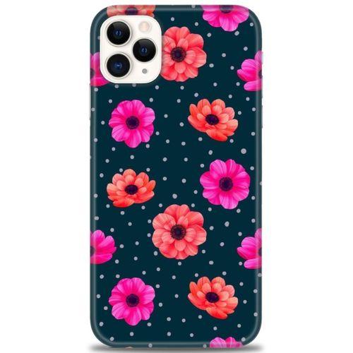 iPhone 11 Pro Max Kılıf HD Baskılı Kılıf - Puantiye ve Çiçekler + Tam Ekran Koruyucu