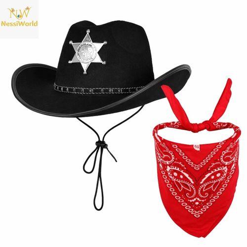 Çocuk Kovboy Şapka Rozetli Siyah &amp; Kırmızı Bandana Seti