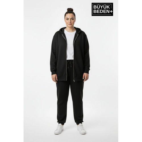 Kadın Büyük Beden Fermuarlı Kapüşonlu Sweatshirt Hırka - Rahat Kalıp SPR26BHR960