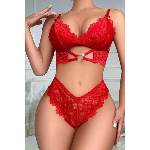 Kadın Kırmızı Kalp Tokalı Çapraz Lastik Detaylı Dantel İç Çamaşır Takımı