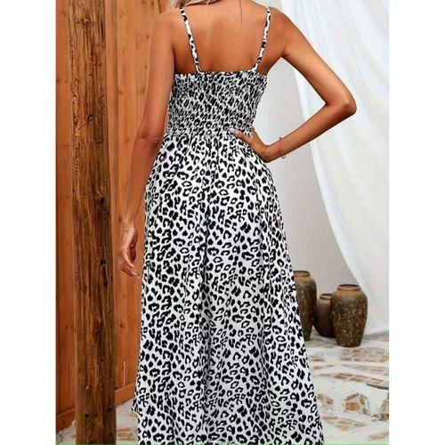 Kadın Ip Askılı Kruvazeli Yakalı Beli Lastikli Leopar Desenli Uzun Süprem Elbise