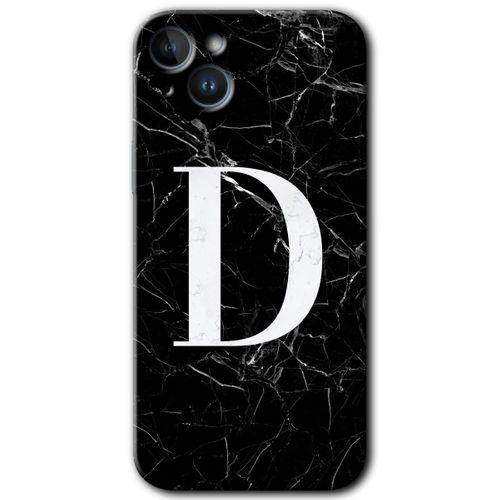 iPhone 14 Plus Kılıf HD Desen Baskılı Arka Kapak - Temperli Cam - Siyah Mermer Desenli D Harfi