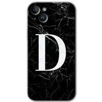 iPhone 14 Plus Kılıf HD Desen Baskılı Arka Kapak - Temperli Cam - Siyah Mermer Desenli D Harfi