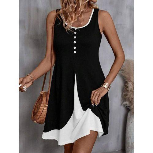 Kadın Askılı Yuvarlak Yaka önden Düğmeli çift Renkli Viskon Elbise