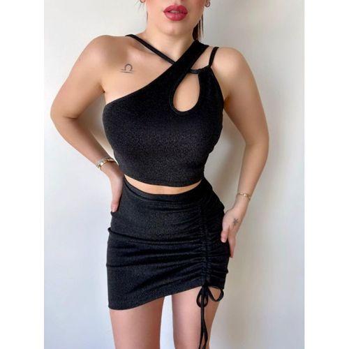 Kadın Asimetrik Yaka Detay Crop Ve Yüksek Bel Mini Etek Ikili Takim