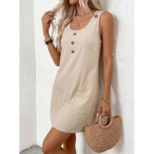 Kadın Askılı Yuvarlak Yakalı önden Düğmeli Cep Detaylı Kısa Elbise