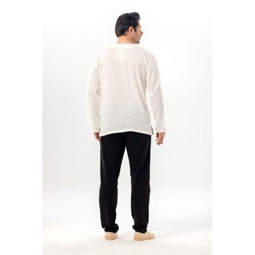 Büyük Beden Şile Bezi Uzun Kol Zımbalı Erkek Yazlık Tshirt Krem 3002