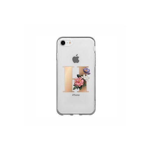 iPhone 7 Şeffaf Kılıf Gold Renkli Çiçekli H Harfli Desenli