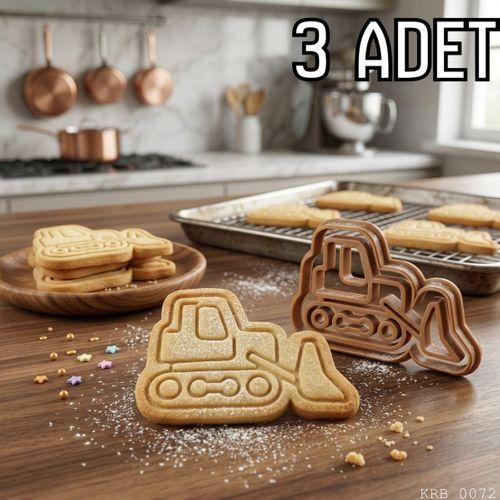 3Lü İş Makinesi Figürlü Hamur Şekillendirici Kurabiye Kalıbı Oyun Hamuru Kalıbı 8 cm