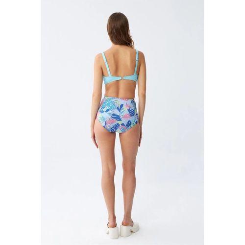 Kadın Pedli Üst Tropik Desenli Yüksek Bel Bikini Takımı - Buz Mavisi
