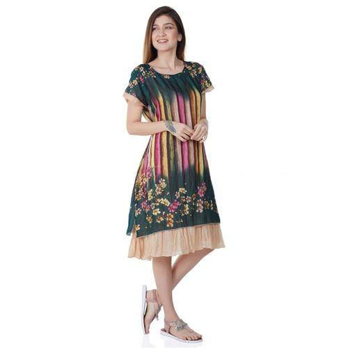 Kısa Kol Vual Defne Midi Boy Yazlık Otantik Elbise Yesil 6094