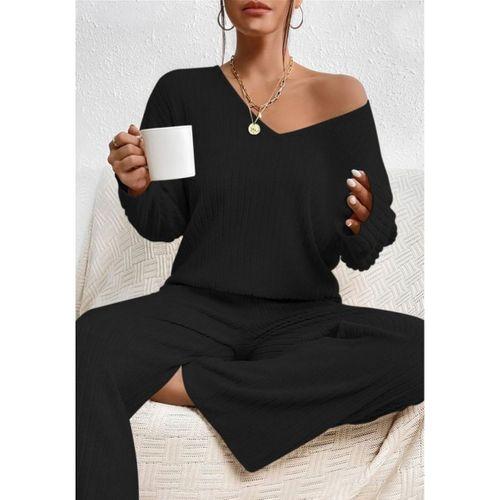 Kadın Uzun Kollu V Yakalı şardonlu Kaşkorse Bluz Ve Pantolon Ikili Takım