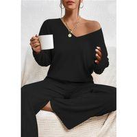 Kadın Uzun Kollu V Yakalı şardonlu Kaşkorse Bluz Ve Pantolon Ikili Takım