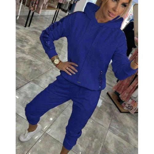 Kadın Uzun Kollu Kapşonlu Pulpayet Detay Viskon Iki Iplik Bluz Ve Pantolon Ikili Takım