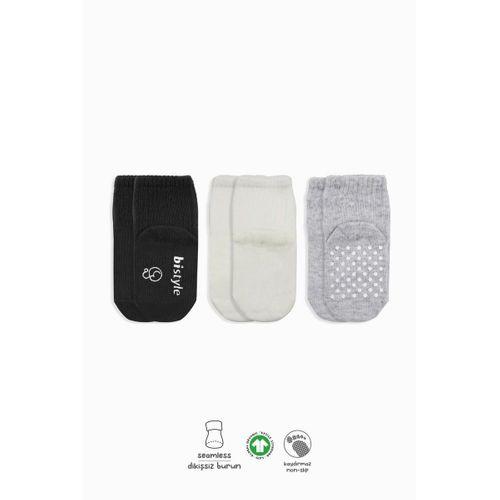 Bistyle Bistyle Basic Kaymaz Penye Soket Çorap 3'Lü BS10107 Siyah Ekru Gri
