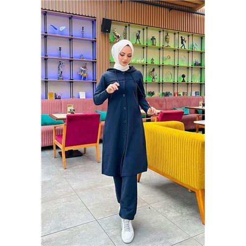 Kapşonlu Düğmeli Sade Basic Uzun Tunik ve Pantolon İkili Spor Takım - 03072.015 - Lacivert
