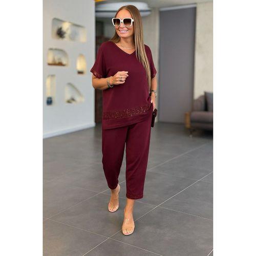 Kadın Kısa Kollu V Yakalı Pul Payetli Viskon Iki Iplik Bluz Ve Pantolon Ikili Takım