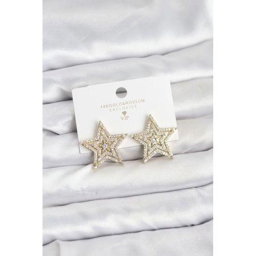 Gold Renk Pirinç Zirkon Taşlı Yıldız Model Kadın Küpe