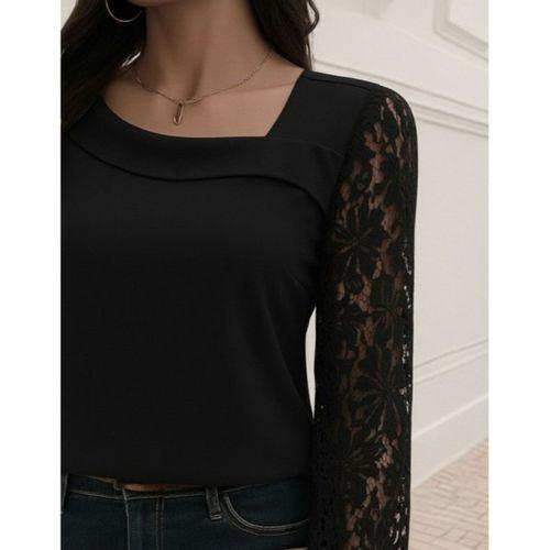 Kadın Uzun Kollu Asimetrik Yakalı Dantelli Ithal Krep Bluz
