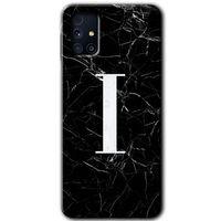 Potkal Hediye Fabrikası Samsung Galaxy M31s HD Baskılı Kılıf + 9D Tam Ekran Koruyucu - Siyah Mermer Desenli I Harfi