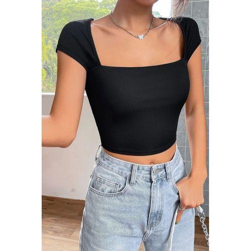 Kadın Siyah Modern Fit Kare Yaka Yarım Kol Göğüs Dekolteli Crop Top Bluz