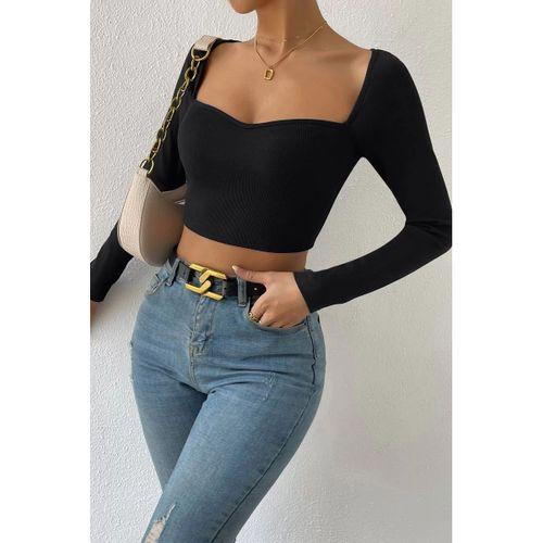 Kadın Siyah Uzun Kol Göğüs Dekolteli Şık Crop Top Bluz