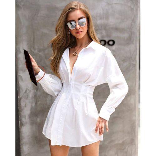 Lucky Life Kadın Pamuk Polyester Kumaş Belden Pileli Gömlek Elbise