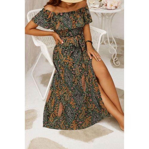 Kadın Kısa Kollu Madonna Yaka Fırfırlı Belden Yırtmaçlı Maksi Süprem Elbise